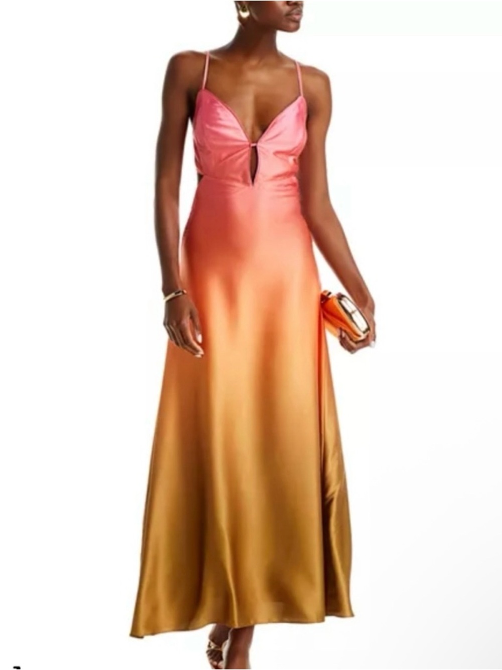 Bardot Pink to Gold Ombre Satin Maxi Dress
